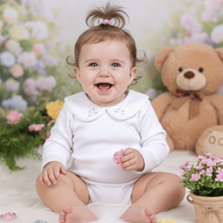 Body Menina Gola Bordada Manga Longa 100% Algodão em Oferta na Shopee