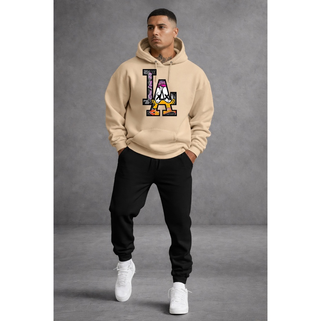 Conjunto Moletom Masculino LA Estampado com Capuz + Calça Jogger Moletom Inverno Casual Streetwear Confortável