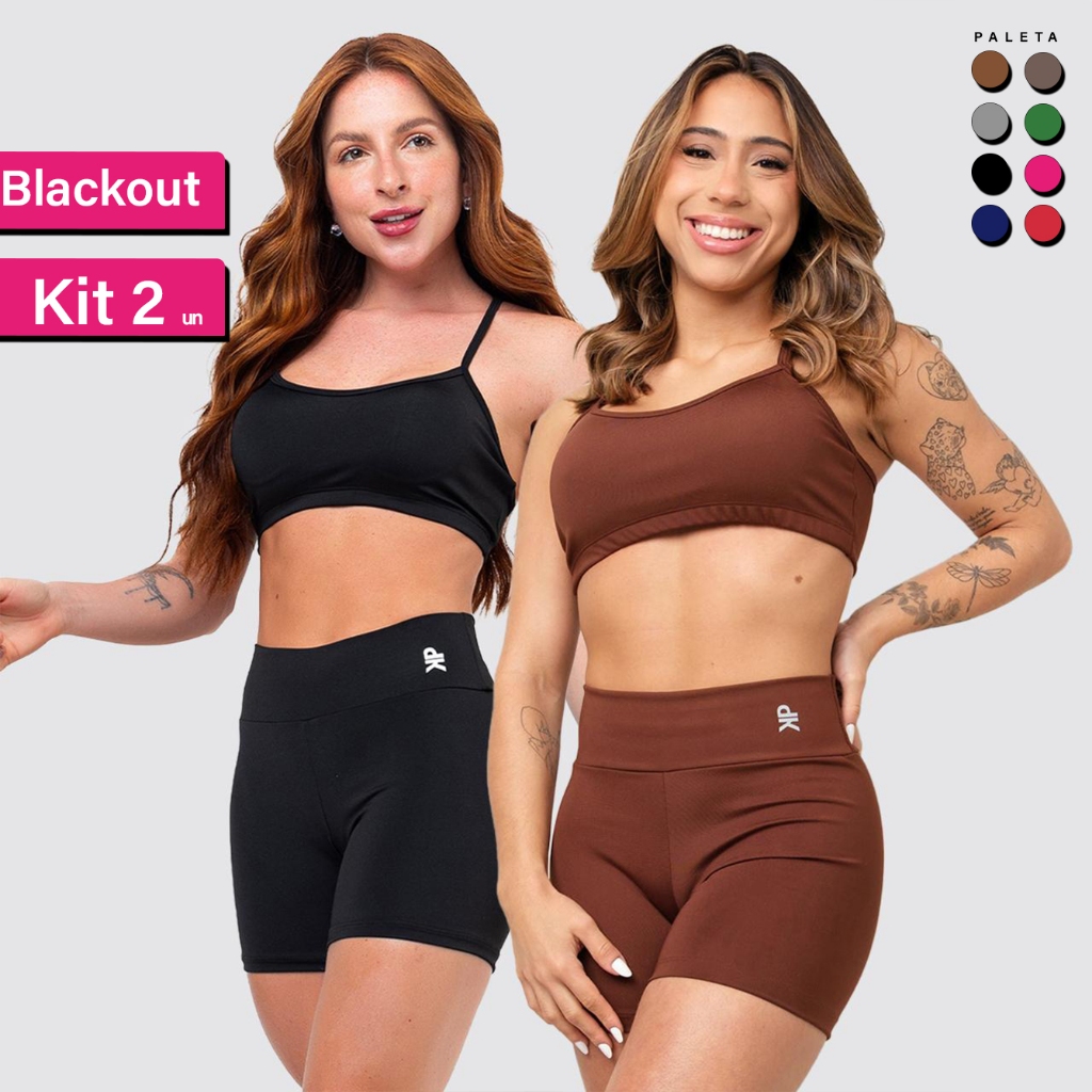 Kit 2 Conjunto Fitness Top Alça Short Legging Liso Meia Coxa Blackout Zero Transparência Academia