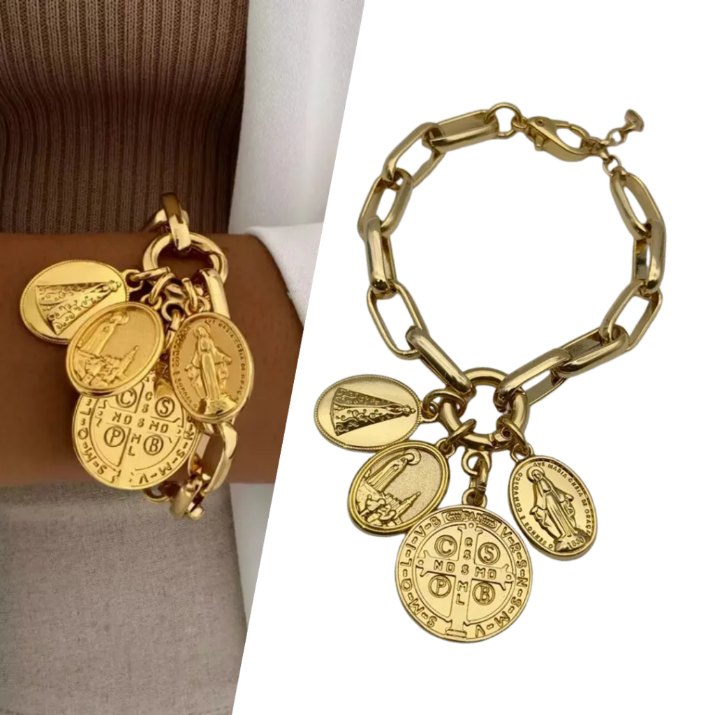 Pulseira Nossa Senhora das Graças Aparecida Fátima Dourada Religioso Semijoia Bijuteria Folheada