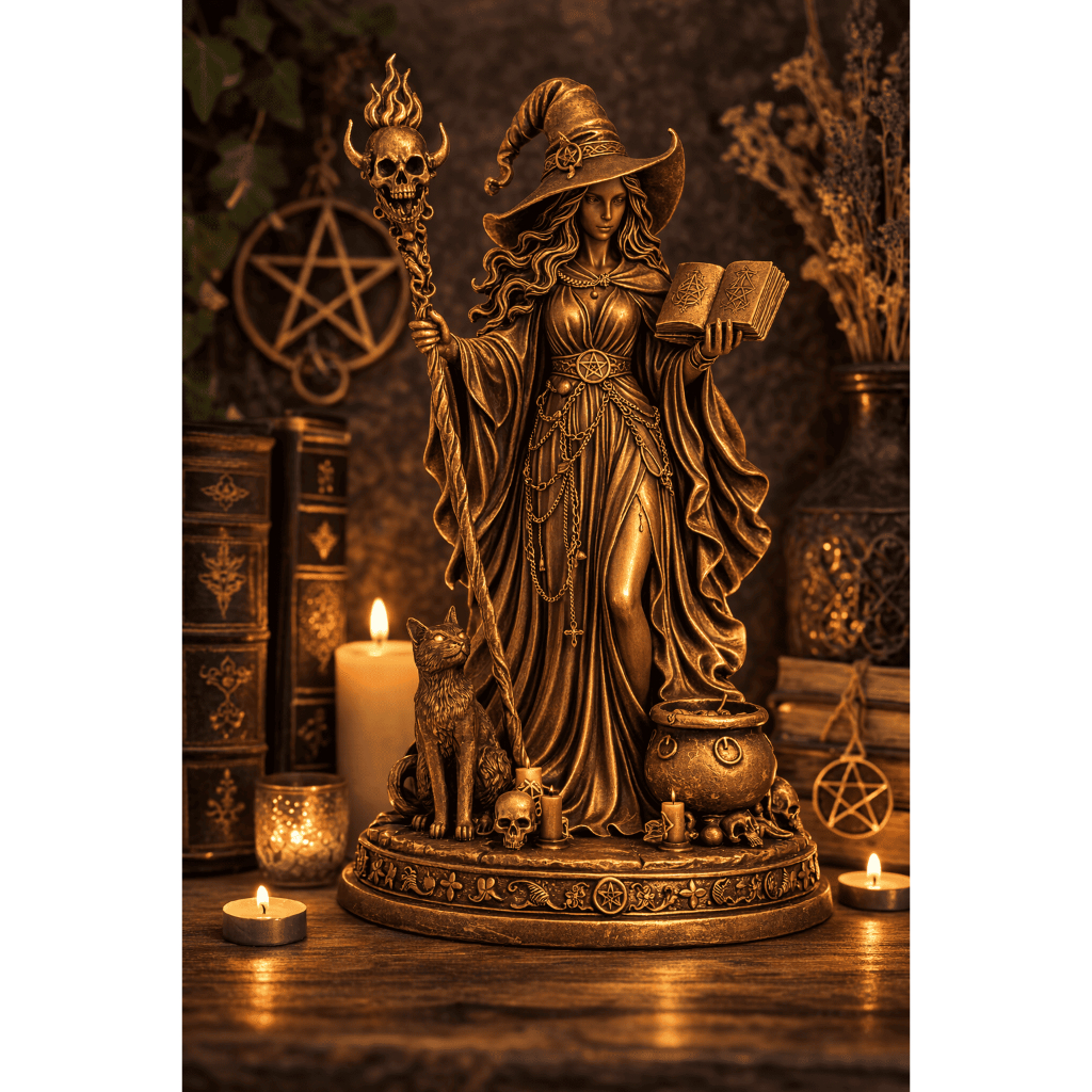 Estátua Bruxa Wicca Mística Bronze com Grimório e Gato 13cm Escultura Decorativa