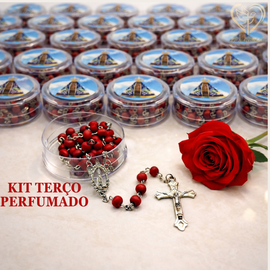 Kit 12 terços Perfumados de Nossa Senhora Aparecida cheiro de Rosa Cruxifixo Metal Católico corrente em Oferta na Shopee