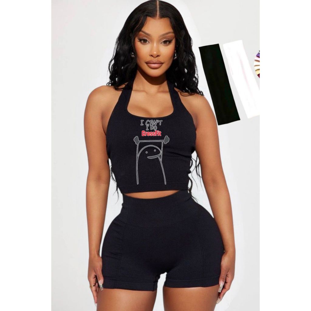 Kit Conjunto Fitness + faixa esportiva estampada combinando  para Academia Top e Short Super Confortável com Compressão