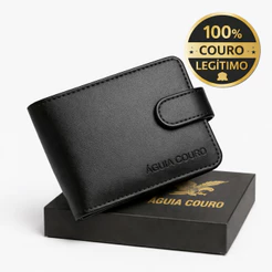 Carteira Masculina Couro Legítimo Preta Com Fecho Botão Porta Cartões Documentos CNH e RG Dinheiro Presente Masculino