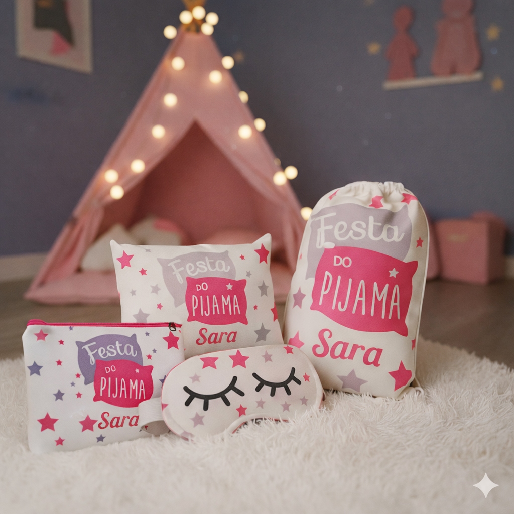 5 kits lembranci mochila almofada necessaire mascara de dormir venda tapa olhos laço festa pijama neon gatinha unicornio