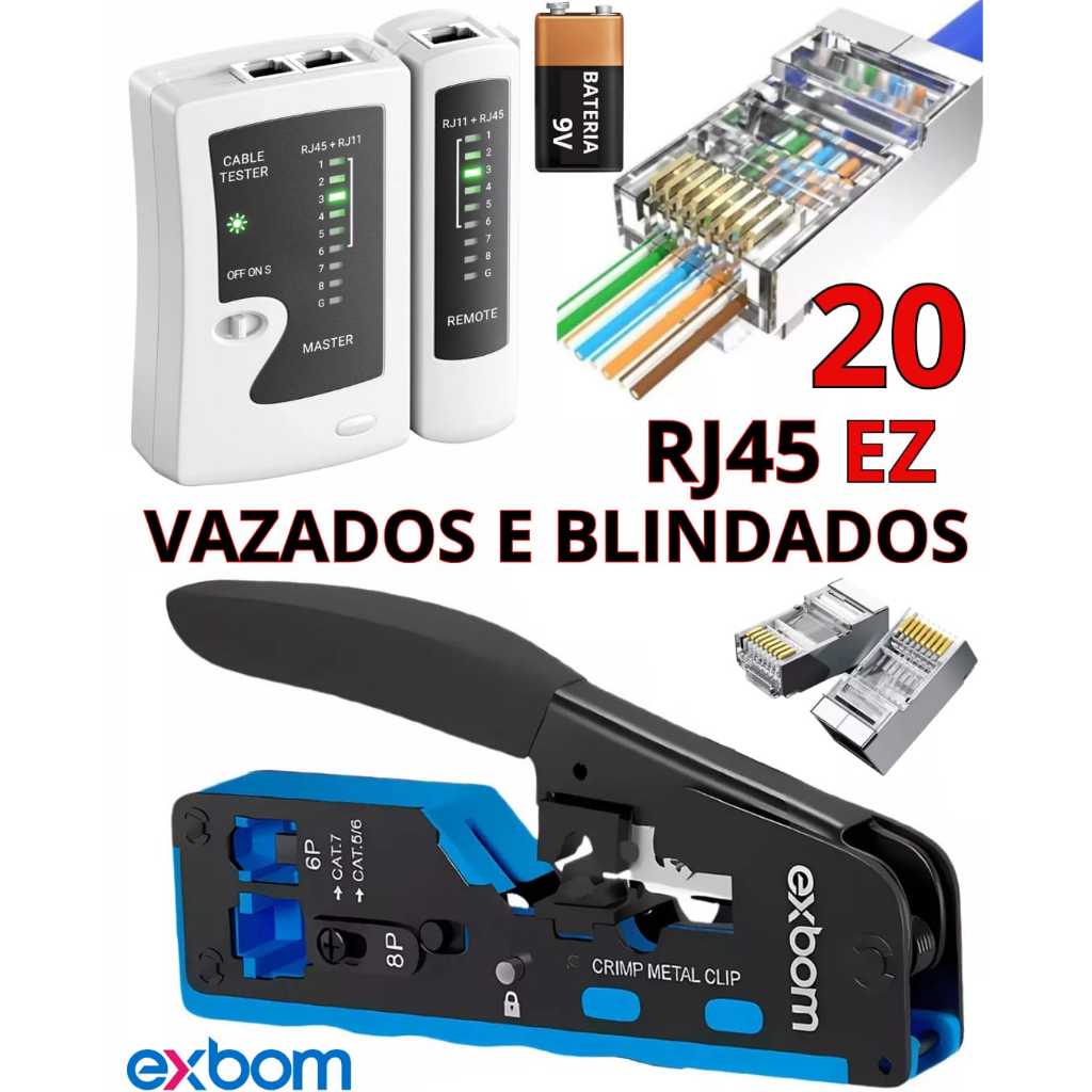 Alicate Crimpar Rj45 Vazado + Testador e 20 Rj45 Blindado Ez