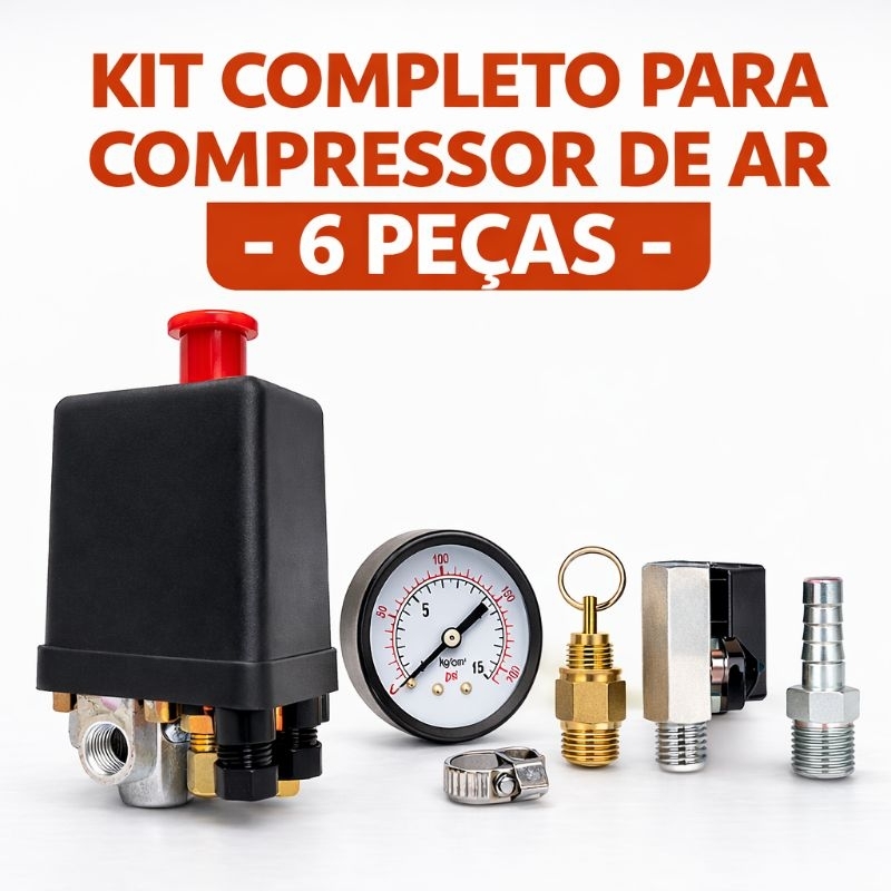 Kit Para Compressor de Ar Completo 6 Peças  1/4 - Pressostato + Manômetro + Registro + Válvula Segurança + Espiga