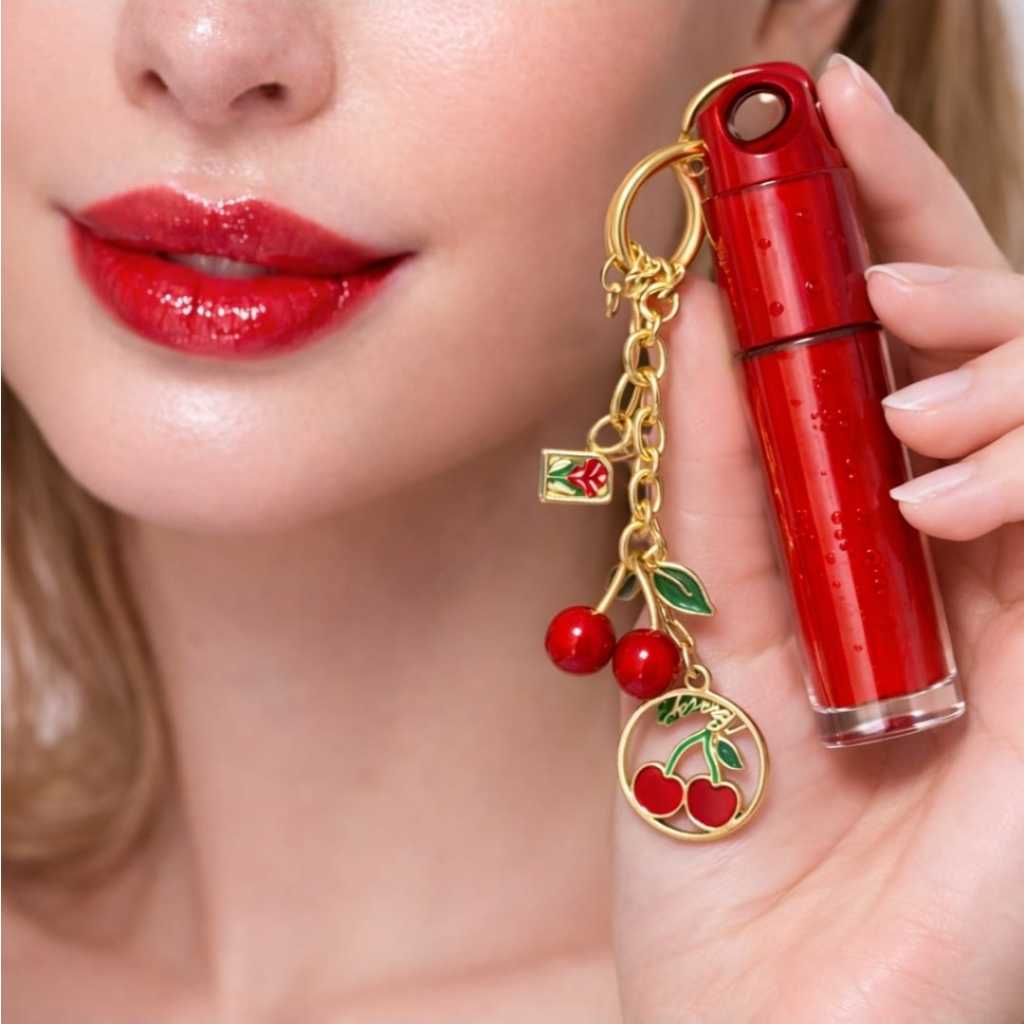 Lip Gloss Labial Vermelho Hidratante Cereja Chaveiro Fofo Dourado Cherry Bomb