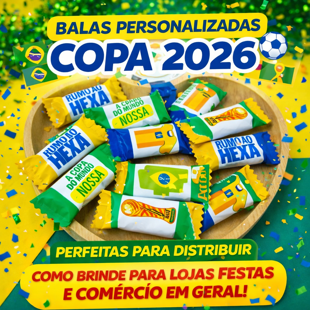 Balas Personalizadas Copa 2026 | Doces Temáticos Futebol Brasil | Lembrancinhas Festa e Brindes para Copa do mundo 2026