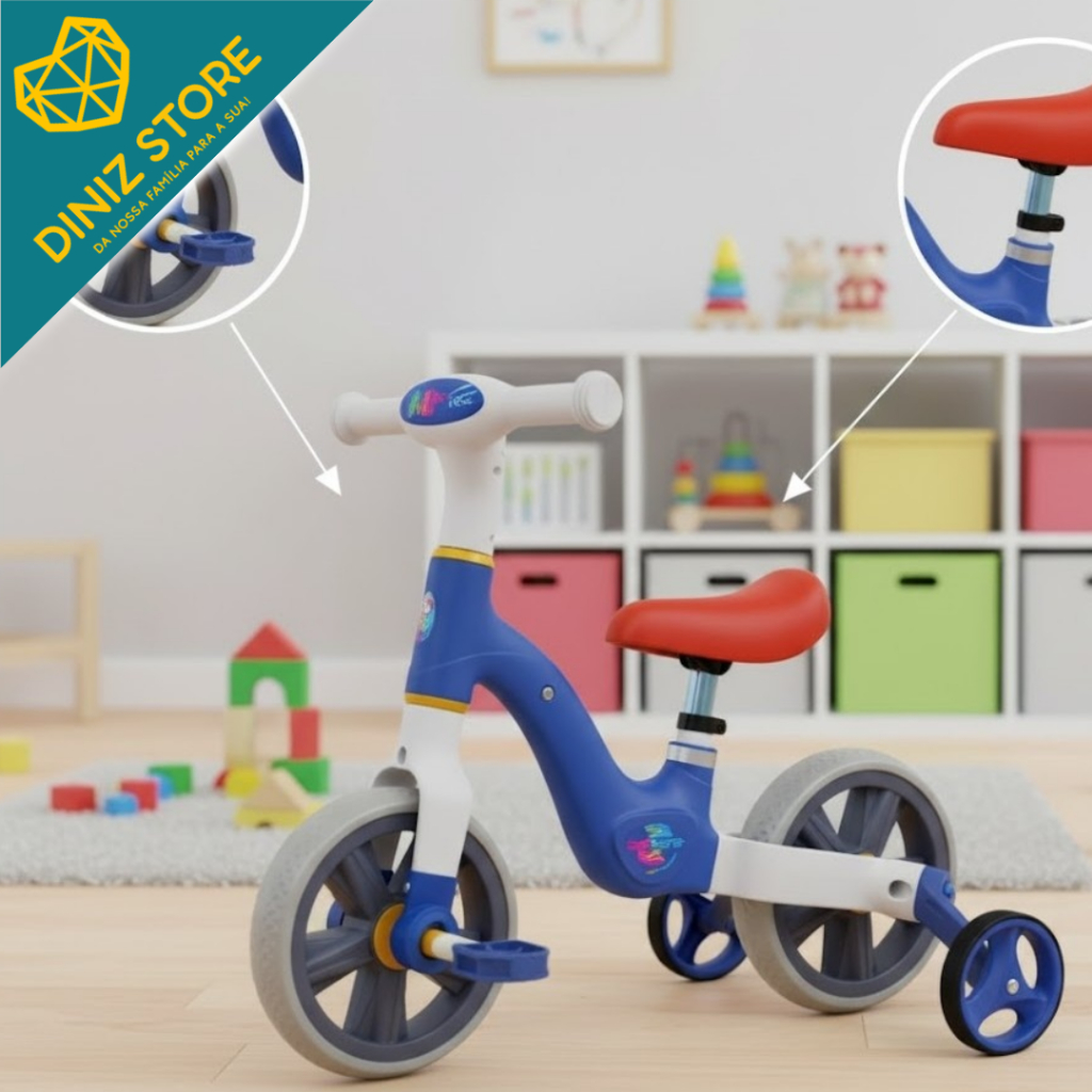 Bicicleta Infantil Equilíbrio 2em1 Rodinhas Removíveis Balance Bike Sem Pedal Azul Treino