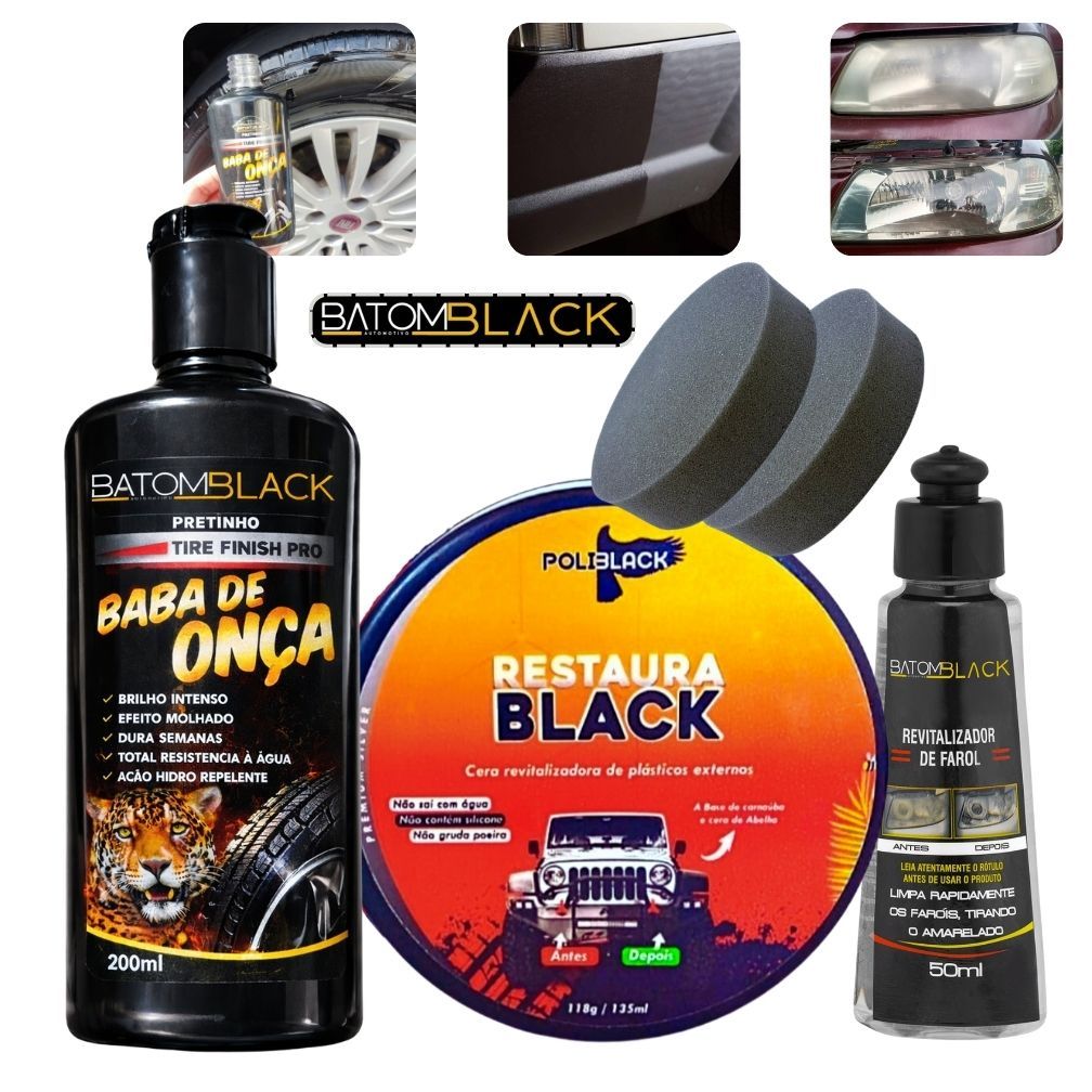 Pretinho Baba De Onça + Limpa Farol + Revitalizador de Plásticos Batom Black