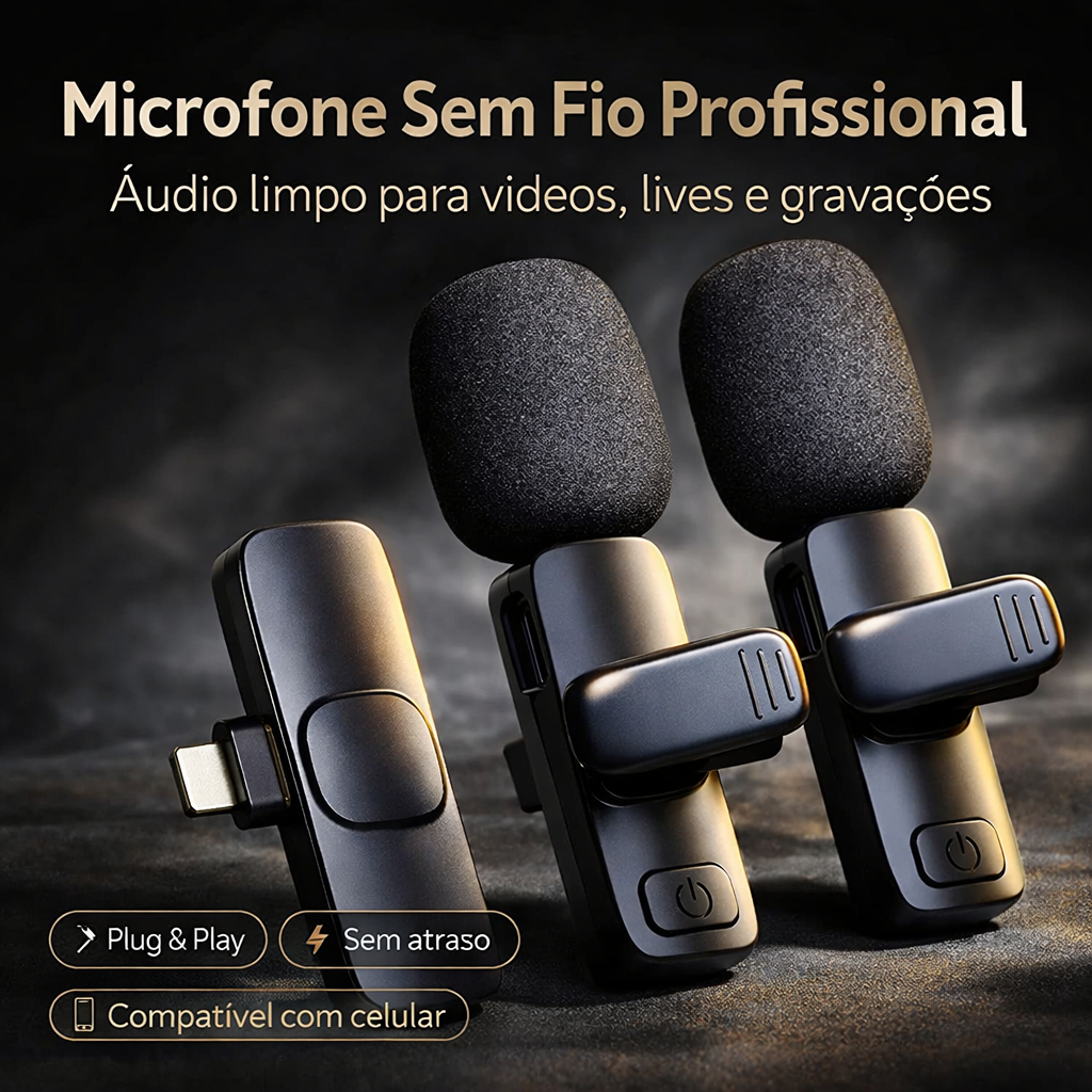 Microfone de Lapela Sem Fio Duplo para Celular Android iPhone Tipo-C Gravação Profissional
