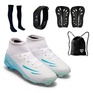Chuteira Campo UZ 2000 Adulto Botinha Cano Alto Lançamento Uzze Sport + Meião Relógio Caneleira Moch