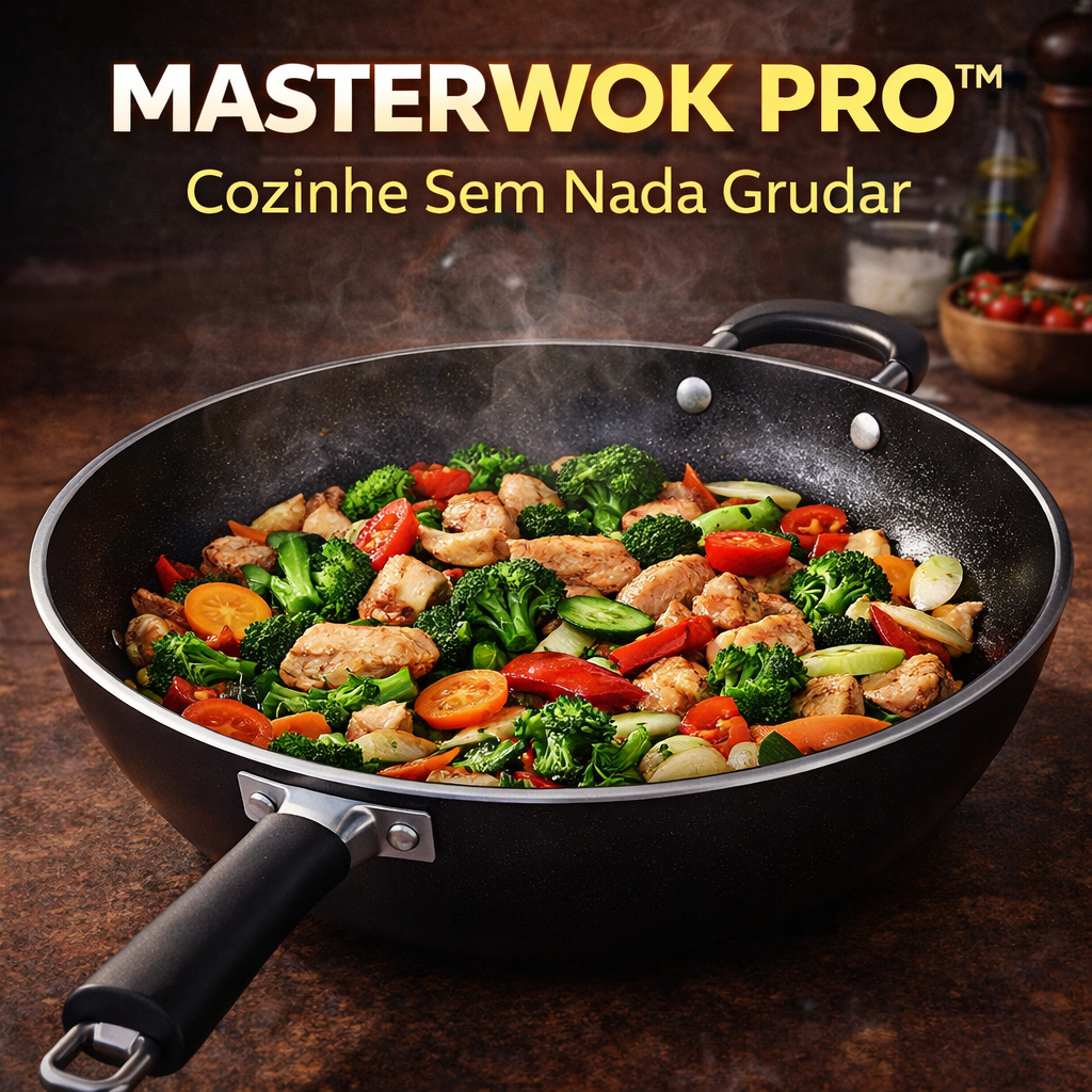 Imagem Frigideira Wok 34cm Antiaderente Profissional MasterWok Pro™ Panela Grande Cozinha Sem Grudar