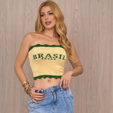 Top Faixa Brasil Feminino Cropped Tomara que Caia Tricot Modal Verde Amarelo Copa do Mundo 2026