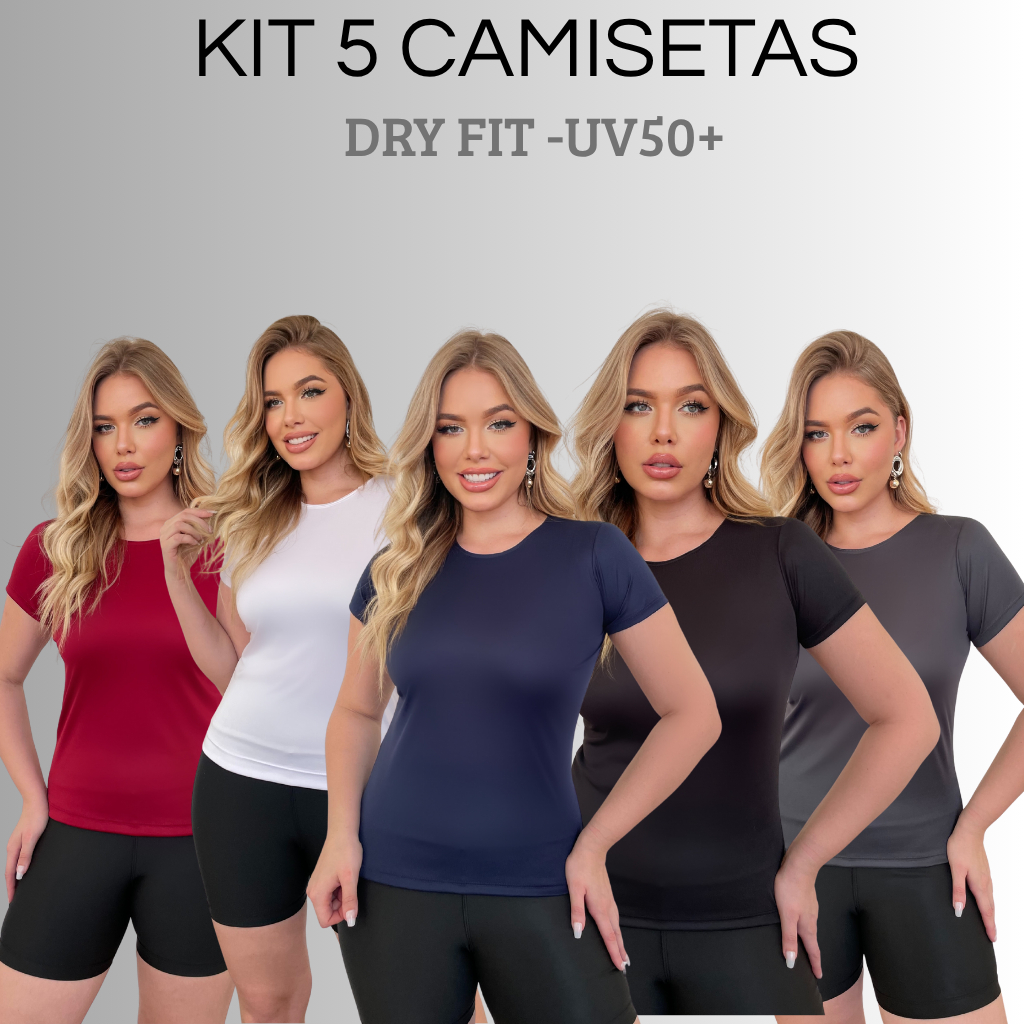 Kit 5 Camisetas Femininas Blusas Dry Fit Caminhada+Academia+Corrida Poliéster Premium Proteção UV