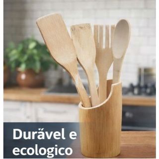 kit Com Utensílios de cozinha de Bambu Com Suporte - Leve , Não Danifica Panelas, Alta Durabilidade.