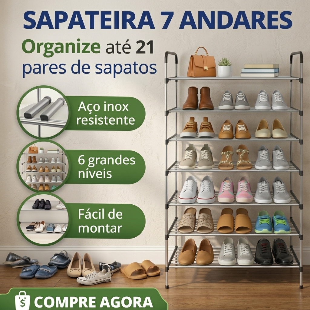 Vittak Sapateira Vertical Premium com 7 Prateleiras em Aço Inox – Organizador para 21 Pares de Sapatos