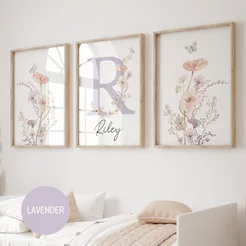 Kit 3 Quadros Flores Rosa Floral Minimalista com Nome Personalizado