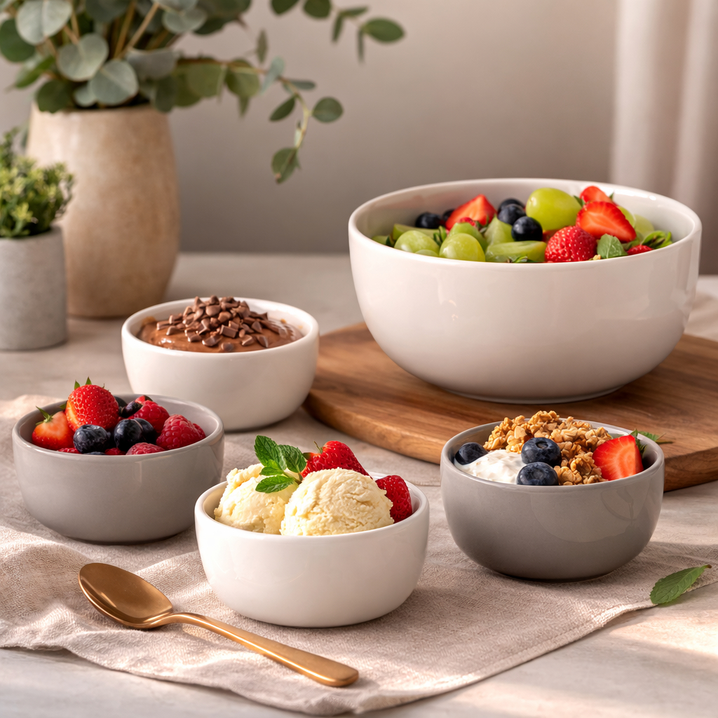 Conjunto 5 Bowls Cerâmica Sobremesa Kit Sorvete Frutas Tigelas