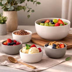 Conjunto 5 Bowls Cerâmica Sobremesa Kit Sorvete Frutas Tigelas