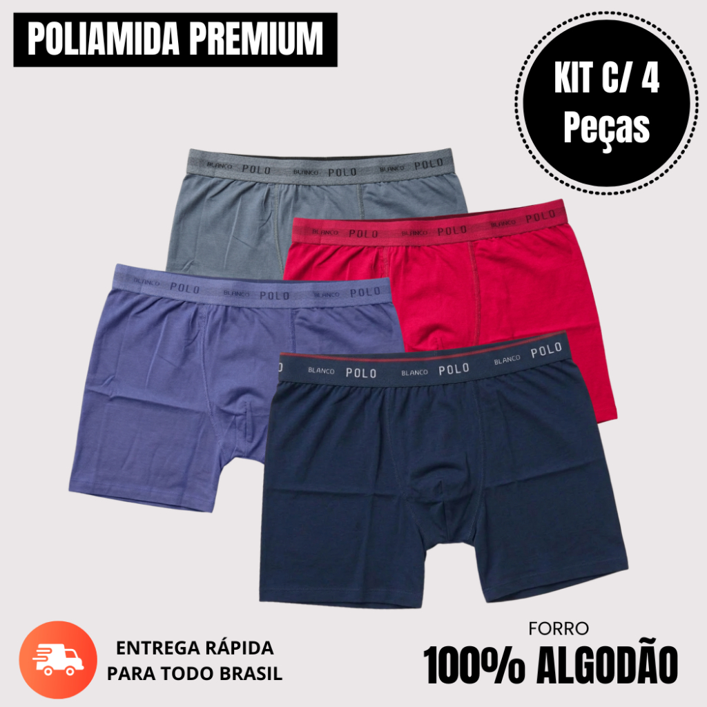 Kit 4 Cuecas Boxer Poliamida Com Forro 100% Algodão Premium Pollo Blanco