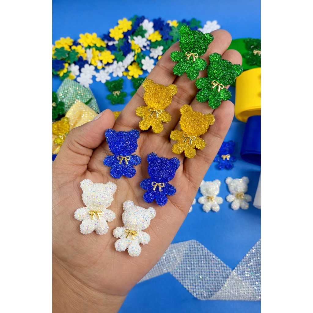 Aplique ursinho cravejado glitter brasil-copa pacote com 8 pçs