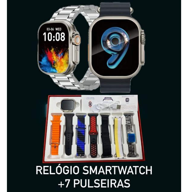 Smartwatch 49mm KA-9976 ⌚ 7 Pulseiras + Chamadas 📞 Completo Android iOS Siri Tela Grande HD em Oferta na Shopee