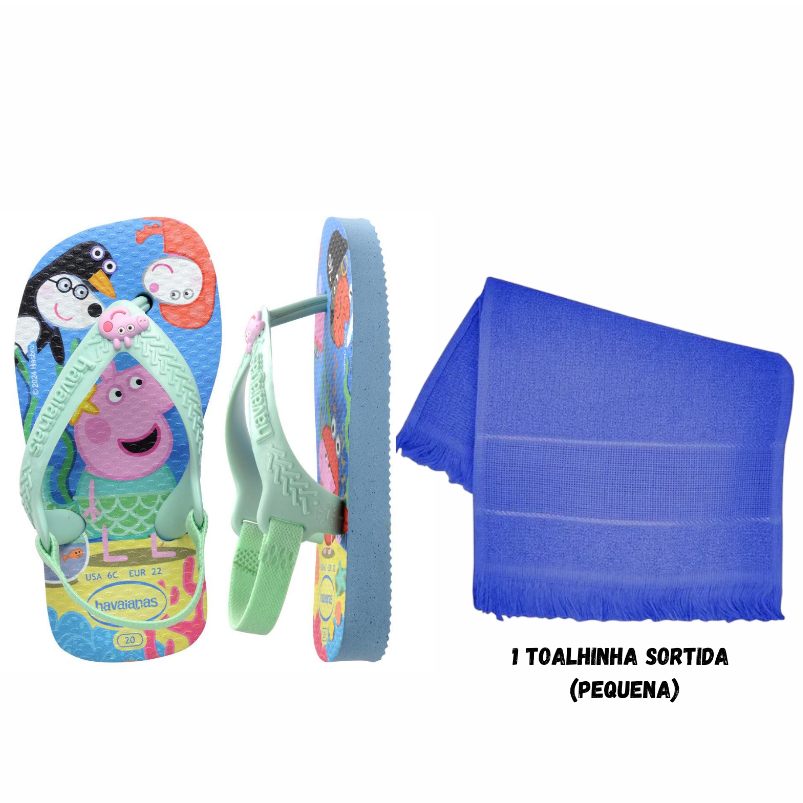 Chinelo Havaianas Bebê Com Elástico Peppa Pig Azul + Uma Toalhinha Sortida