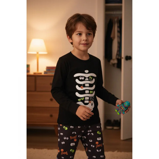 PIJAMA INFANTIL MASCULINO ESQUELETO COM PUNHO PRETO em Oferta na Shopee