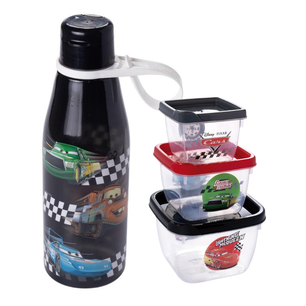 Kit Lancheira 3 Potes + Garrafa de água Infantil Carros Disney Volta as Aulas
