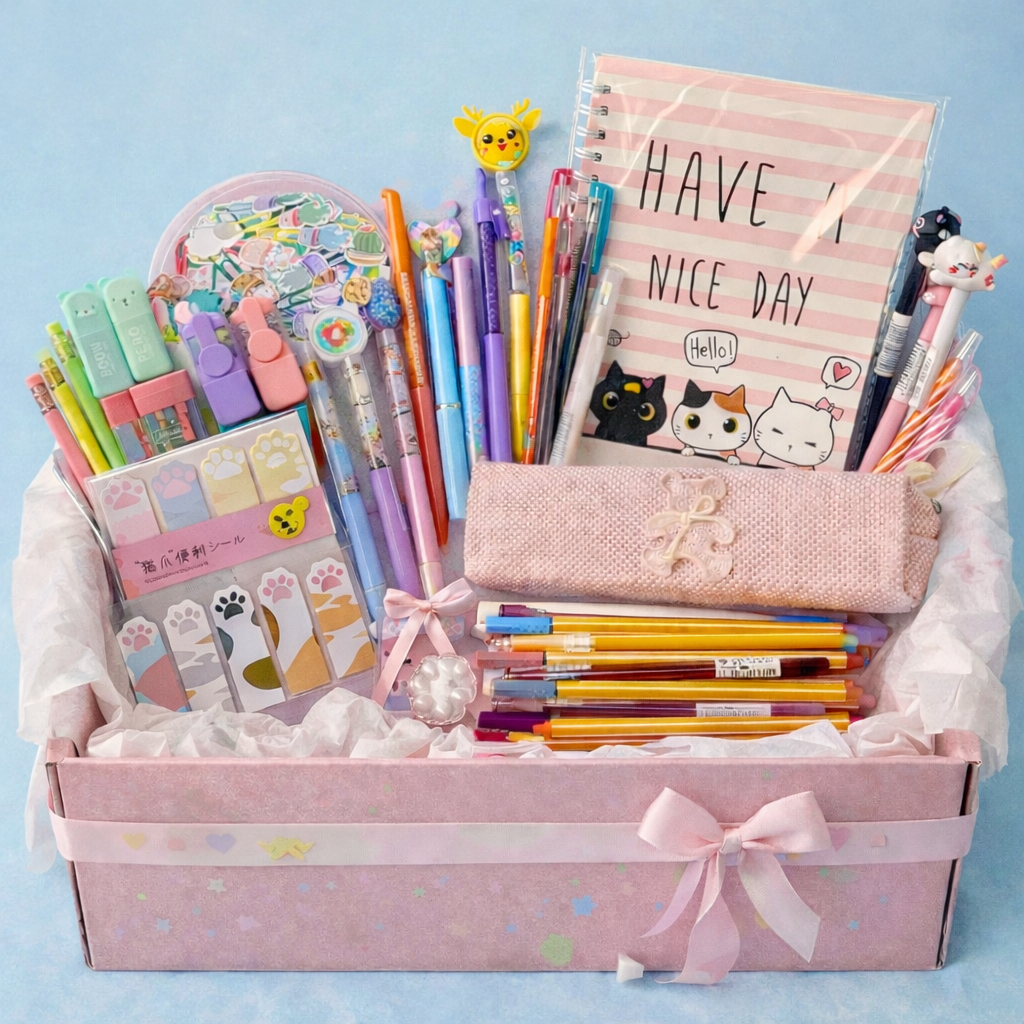 Kit Box Papelaria Fofa Completo 15 Itens Premium Caneta Colorida Marca Texto Lápis Tons Pasteis Bloco de Notas Kawaii