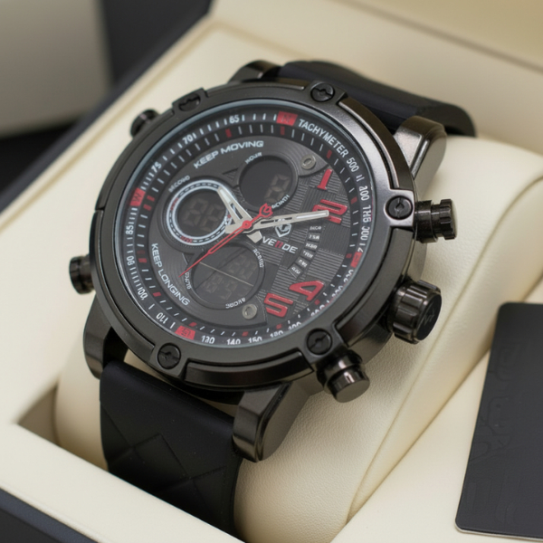 Relógio Masculino Weide WH5209B Esportivo Aço AnaDigi Cronômetro Calendário Preto Vermelho Pronta Entrega