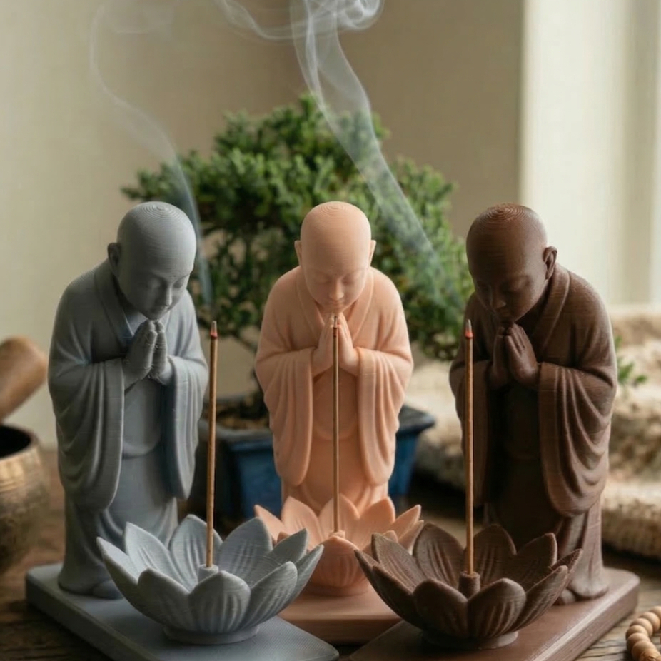 Imagem Porta Incenso Incensário Monge Decoração Zen Yoga Meditação Aromaterapia Cascata Fumaça Cores Kit