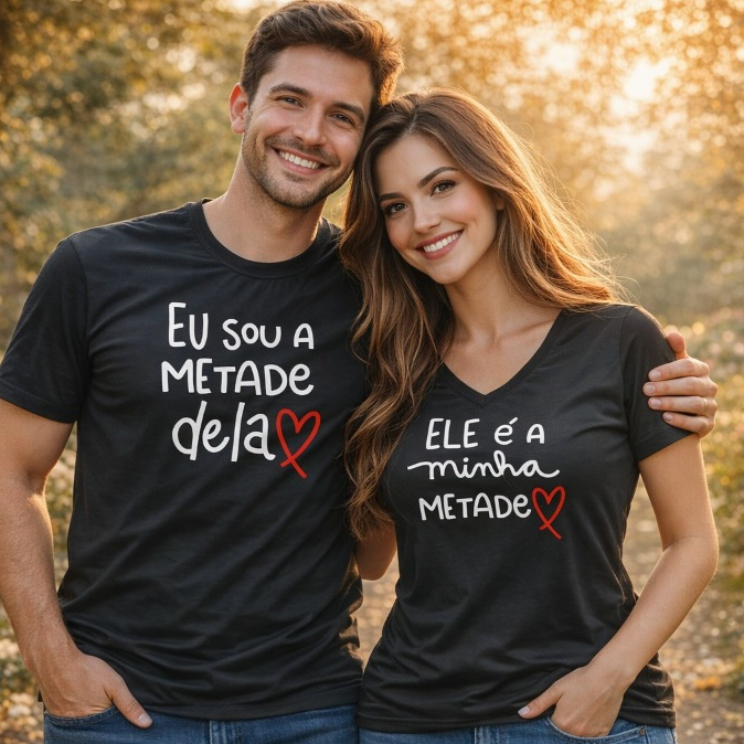 Camiseta Casal Kit 2 Peças Eu sou a Metade Dela, Ele é a Minha Metade Namorados