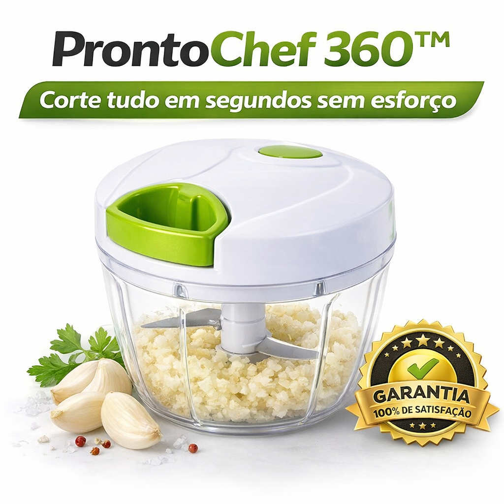 Processador Manual de Alimentos 500ml 3 Lâminas com Corda Retrátil ProntoChef 360™ Triturador e Picador de Alho Legumes