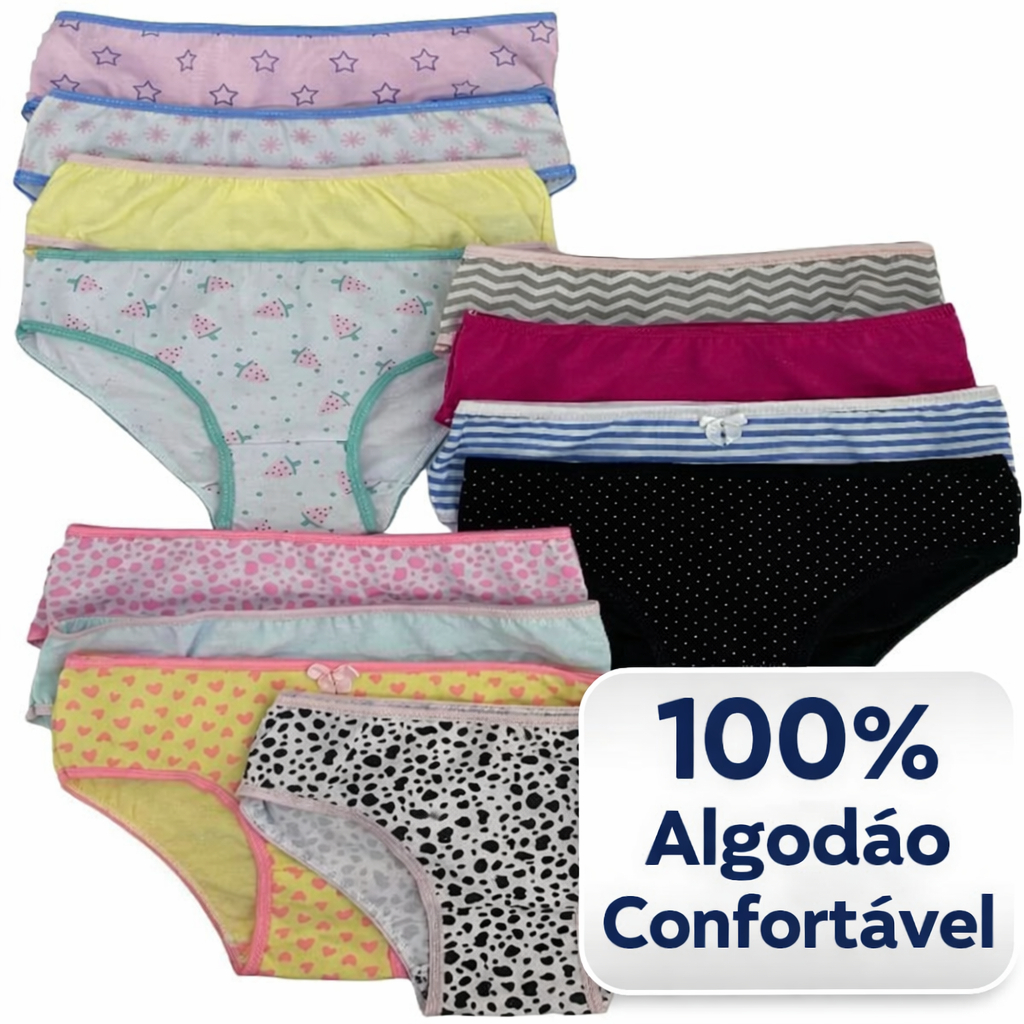 Kit  12 ou 20 Calcinhas Infantil 100% Algodão- Confortável 2 a 14 anos Alta Qualidade