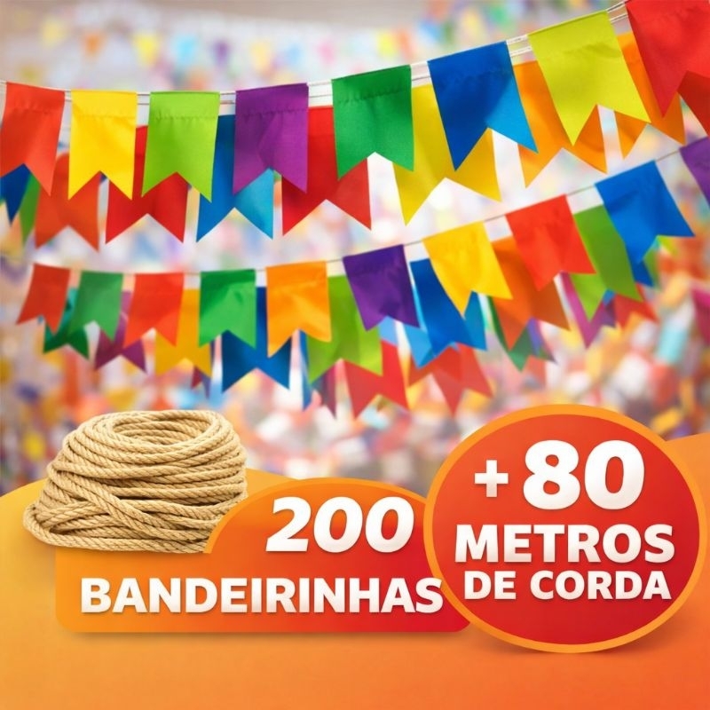 100 Bandeirinhas Festa Junina 20x15 com Cordão 40 Metros Bandeirolas Plástico Colorida F São João Resistente a Agua