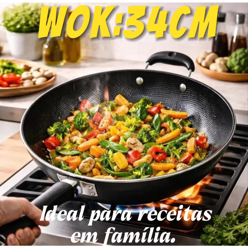 Imagem Wok Frigideira Antiaderente Profissional 34cm Grande Ideal Para Yakisoba Carnes Paella Saltear Legumes E Arroz Reforçada