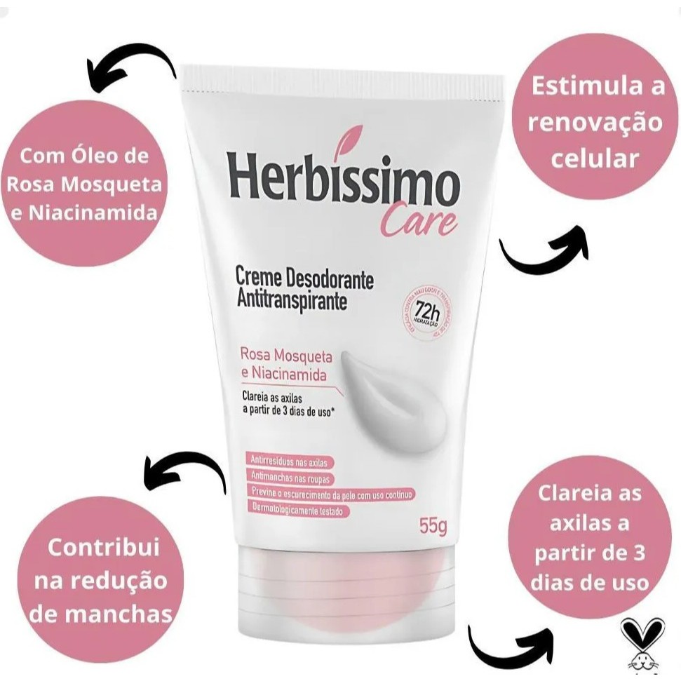 Desodorante Creme Antitranspirante Herbíssimo Bisnaga Rosa Mosqueta e Niacinamida 55g