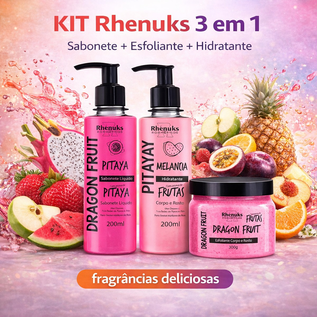 Kit Sabonete + Esfoliante + Hidratante Rhenuks Rotina Corpo e Rosto Pele Macia Renovada Cheirosa Fragrâncias