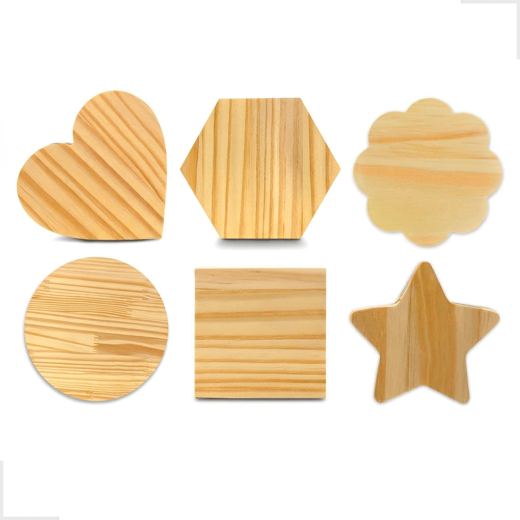 Kit 10 Porta Copos Madeira Pinus Coração Redondo Quadrado Mesa Posta Decoração Artesanato Dia das Mães