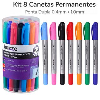 Kit 8 Caneta Permanente Ponta Dupla 0.4 e 1.0mm 7 Cores Marcador Retroprojetor Vidro Plástico Metal Papel Multiuso