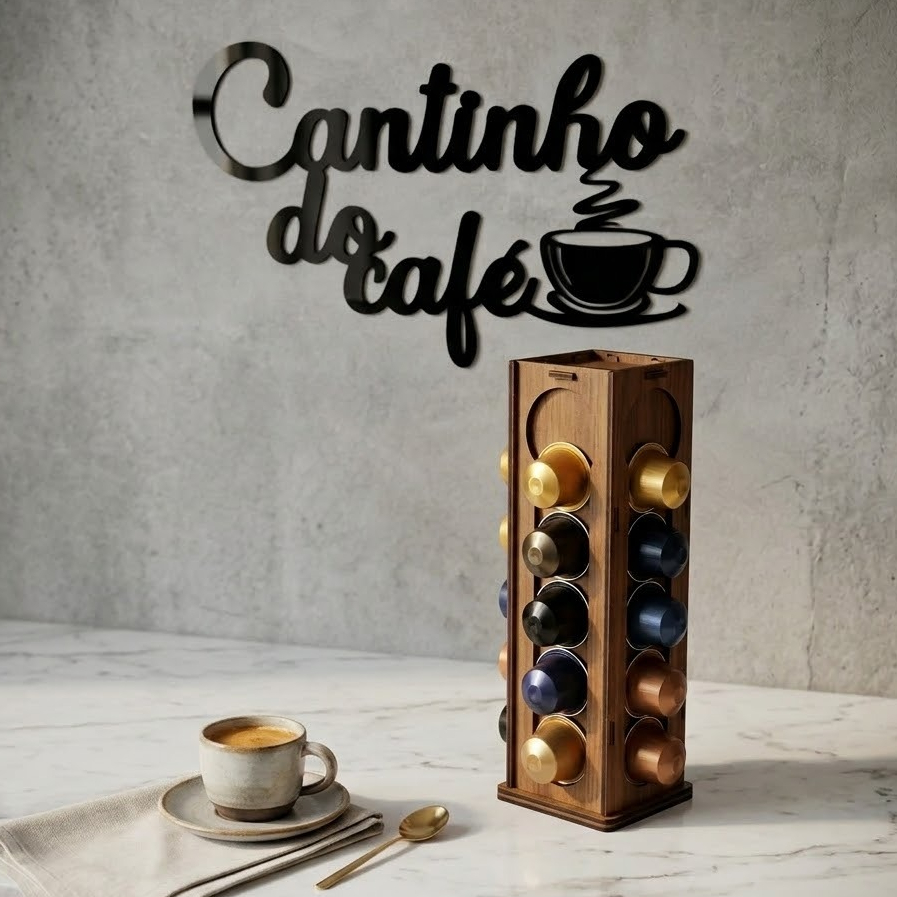 Kit Cantinho do Café: Placa Decorativa Acrílico Parede + Porta Cápsulas Torre Organizador