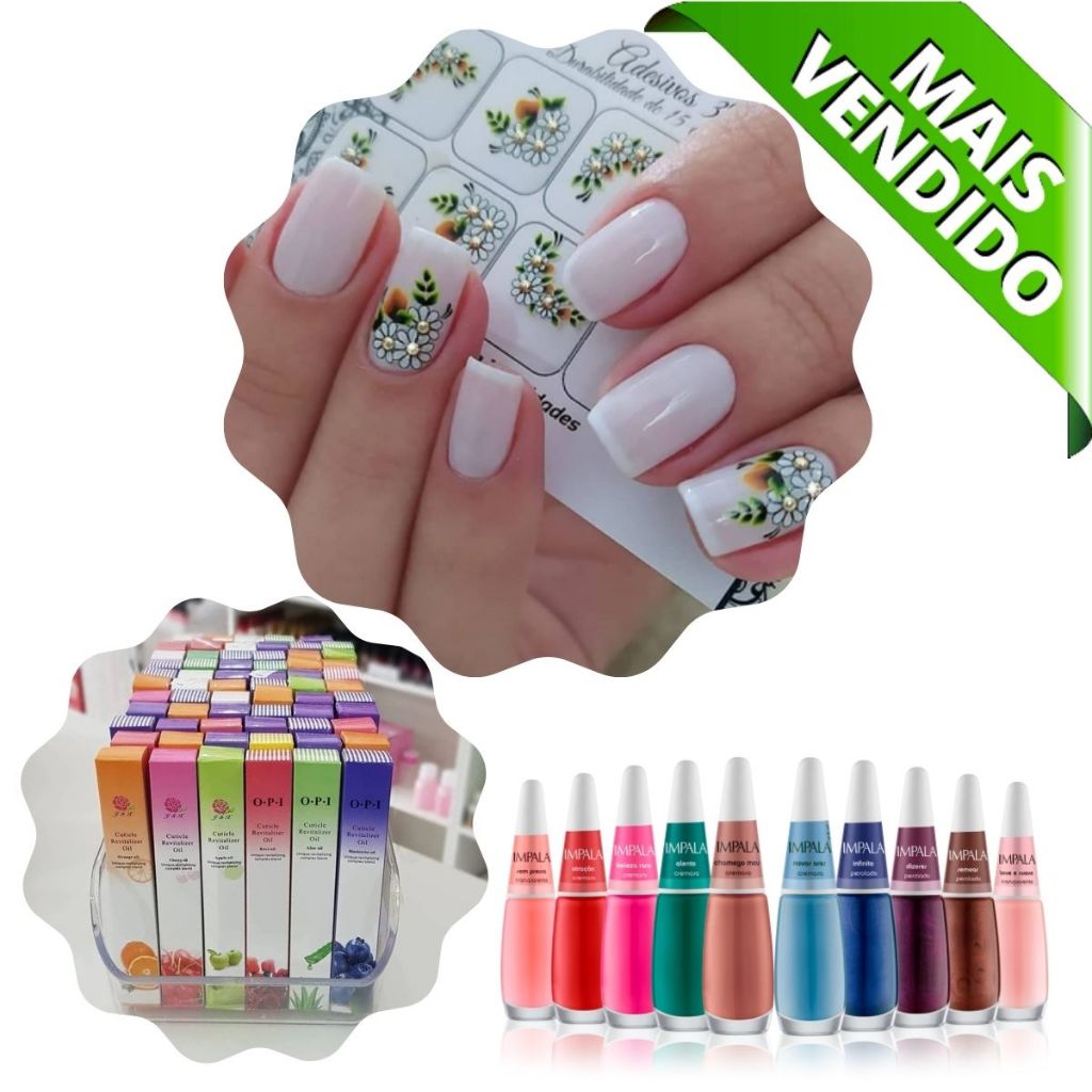 Kit Nail Manicure 100 Adesivo de Unha + 2 Esmaltes + 1 Mini Cabine Led UV + 1 Caneta Cuticula