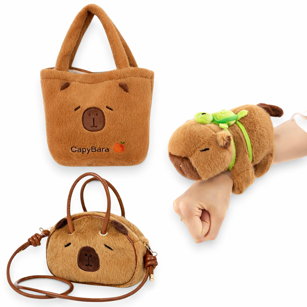 Bolsa Capivara Pelucia Macia Bolsinha da Capybara Transversal Ombro e Mão Pelúcia Pulseira
