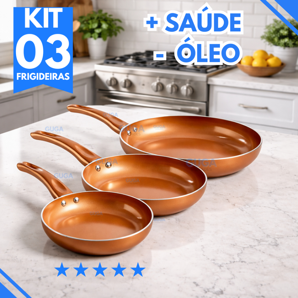Kit 3 Frigideiras Antiaderentes de Cerâmica Cobre Brilhante – Não Precisa de Óleo, Alta Durabilidade (17cm, 21cm e 25cm)