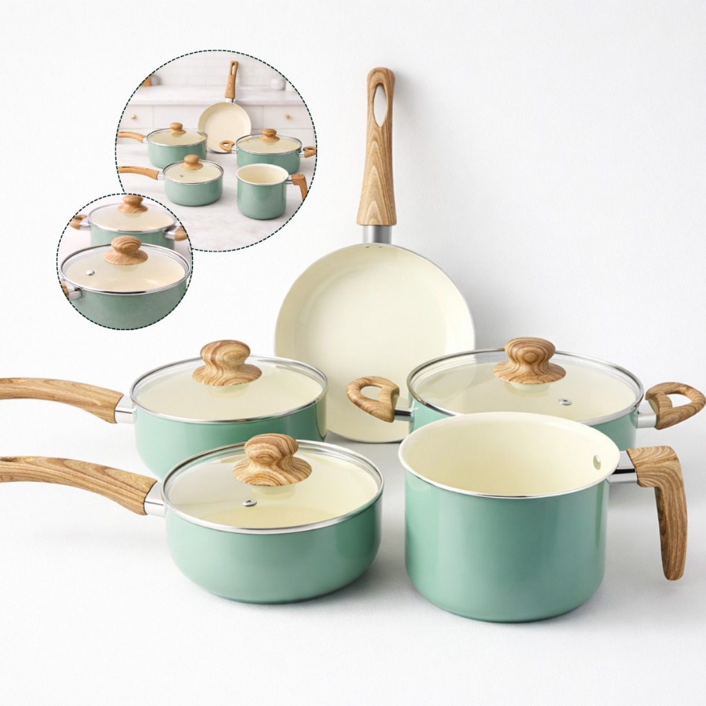 Conjunto Jogo de Panelas Cerâmica Indução 5 Peças Tampa Vidro Antiaderente Panela Frigideira