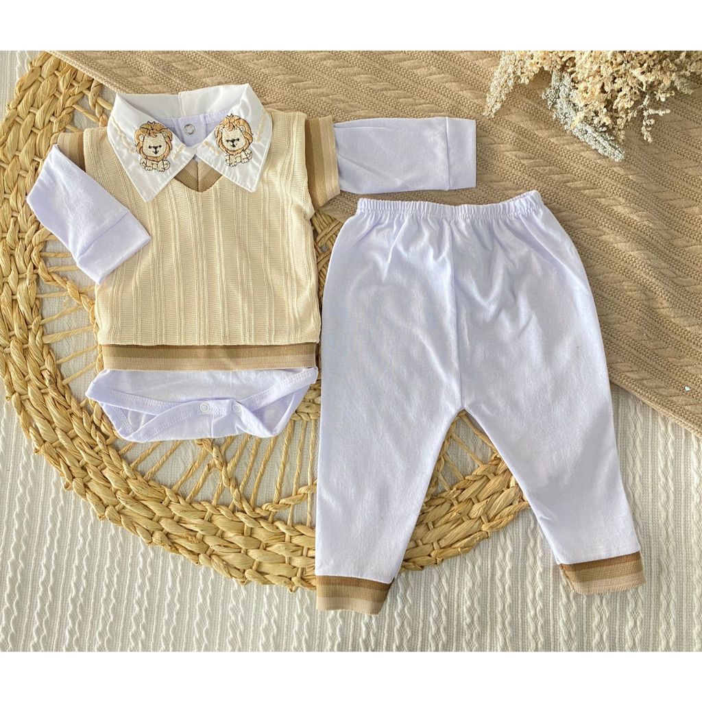 Conjunto Maternidade Bebê Body Bordado Gola Colete Tricô Mijão Malha Premium Tam RN