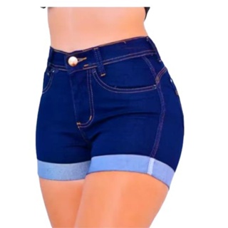 Short Jeans Feminino Empina Bumbum Cós Alto | Bermuda Feminina com Lycra Cintura Alta Barra Dobrada Moda em Oferta na Shopee